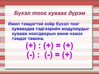 Бүхэл тоог хуваах дүрэм




   (+) : (+) = (+)
   (-) : (-) = (+)
 