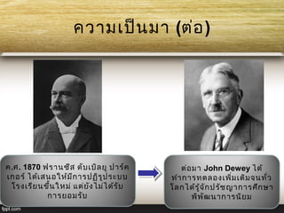 ความเป็น มา (ต่อ )




ค.ศ. 1870 ฟรานซีส ดับ เบิล ยู ปาร์ค        ต่อ มา John Dewey ได้
เกอร์ ได้เ สนอให้ม ีก ารปฏิร ูป ระบบ    ทำา การทดลองเพิ่ม เติม จนทั่ว
 โรงเรีย นขึน ใหม่ แต่ย ง ไม่ไ ด้ร ับ
             ้          ั               โลกได้ร ู้จ ัก ปรัช ญาการศึก ษา
            การยอมรับ                         พิพ ัฒ นาการนิย ม
 