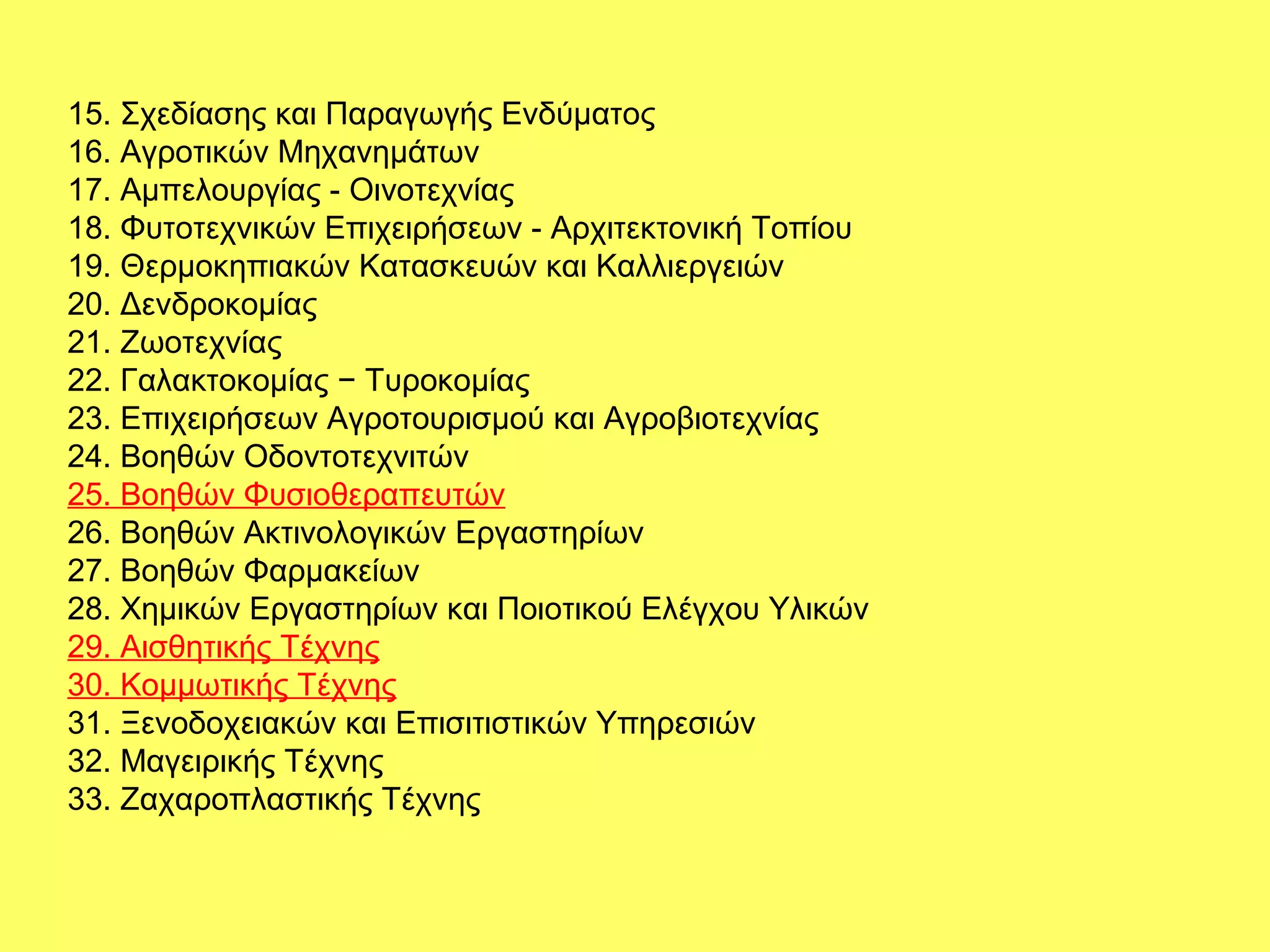 15. Σχεδίασης και Παραγωγής Ενδύματος
16. Αγροτικών Μηχανημάτων
17. Αμπελουργίας - Οινοτεχνίας
18. Φυτοτεχνικών Επιχειρήσεων - Αρχιτεκτονική Τοπίου
19. Θερμοκηπιακών Κατασκευών και Καλλιεργειών
20. Δενδροκομίας
21. Ζωοτεχνίας
22. Γαλακτοκομίας − Τυροκομίας
23. Επιχειρήσεων Αγροτουρισμού και Αγροβιοτεχνίας
24. Βοηθών Οδοντοτεχνιτών
25. Βοηθών Φυσιοθεραπευτών
26. Βοηθών Ακτινολογικών Εργαστηρίων
27. Βοηθών Φαρμακείων
28. Χημικών Εργαστηρίων και Ποιοτικού Ελέγχου Υλικών
29. Αισθητικής Τέχνης
30. Κομμωτικής Τέχνης
31. Ξενοδοχειακών και Επισιτιστικών Υπηρεσιών
32. Μαγειρικής Τέχνης
33. Ζαχαροπλαστικής Τέχνης
 