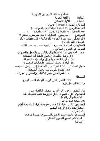 ‫نماذج خطة التدريس اليومية‬
                                          ‫: اللغة العربية‬         ‫المادة‬
                                          ‫: الول البتدائي‬         ‫الصف‬
                                   ‫التاريخ / اليوم: 1102/6/81 ) الثنين (‬
             ‫الحصة /الزمن : 03.8 – 03.9 صباحا ) ساعة واحدة (‬
          ‫(‬       ‫عدد التلميذ : 03 تلميذا ) 9 تلميذ + 12 تلميذة‬
  ‫: مدرستي ) العبارات : تلك مدرستي. تفضل !/‬                    ‫الموضوع‬
   ‫ذلك مصلى. تلك دورة المياه / تلك مكتبة / ذلك مطعم / تلك‬
                                                   ‫حديقة / ذلك ملعب (‬
    ‫المعلومات السابقة : قد عرف التلميذ الكلمات لودوات الفصل باللغة‬
                                         ‫العربية في الدرس السابق .‬
 ‫معيار المحتوى : 3 ( الستماع إلى الكلمات والجمل والعبارات‬
      ‫8 ( ترديد الكلمات والجمل والعبارات البسيطة‬
       ‫9 ( نطق الكلمات والجمل والعبارات البسيطة‬
       ‫31( قراءة الجمل البسيطة والعبارات القصيرة‬
‫2.3 القدرة على الستماع إلى الجمل البسيطة‬                  ‫معيار التعلم :‬
           ‫2.8 القدرة على ترديد الجمل البسيطة‬
 ‫1.9 القدرة على تمييز الكلمات والجمل والعبارات‬
                                                                ‫البسيطة‬
      ‫5.31 القدرة على قراءة الجملة البسيطة مع‬
                                                   ‫مراعاة النبر والتنغيم‬

            ‫نتاج التعلم : في آخر الدرس يتمكن التلميذ من :‬
       ‫المستوى الول :نطق 3 جمل مدروسة نطقا صحيحا بعد‬
                                     ‫الستماع إلى الجمل‬
                                       ‫.وترديدها عدة مرات‬
  ‫المستوى الثاني : قراءة 3 جمل مدروسة قراءة صحيحة أمام‬
                             ‫الفصل بعد ترديد قراءة المعلم‬
                                                ‫. عدة مرات‬
        ‫المستوى الثالث : تمييز الجمل المسموعة تمييزا صحيحا‬
                          ‫باستخدام الصور المعروضة على‬
                                                   ‫الشاشة‬
 