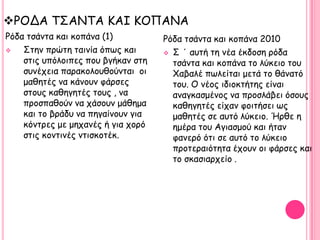 ΡΟΔΑ Σ΢ΑΝΣΑ ΚΑΙ ΚΟΠΑΝΑ
Ρόδα ηζάκηα θαη θμπάκα (1)          Ρόδα ηζάκηα θαη θμπάκα 2010
   ΢ηεκ πνώηε ηαηκία όπςξ θαη       ΢ ΄ αοηή ηε κέα έθδμζε νόδα
    ζηηξ οπόιμηπεξ πμο βγήθακ ζηε     ηζάκηα θαη θμπάκα ημ ιύθεημ ημο
    ζοκέπεηα παναθμιμοζμύκηαη μη      Υαβαιέ πςιείηαη μεηά ημ ζάκαηό
    μαζεηέξ κα θάκμοκ θάνζεξ          ημο. Ο κέμξ ηδημθηήηεξ είκαη
    ζημοξ θαζεγεηέξ ημοξ , κα         ακαγθαζμέκμξ κα πνμζιάβεη όζμοξ
    πνμζπαζμύκ κα πάζμοκ μάζεμα       θαζεγεηέξ είπακ θμηηήζεη ςξ
    θαη ημ βνάδο κα πεγαίκμοκ γηα     μαζεηέξ ζε αοηό ιύθεημ. Ήνζε ε
    θόκηνεξ με μεπακέξ ή γηα πμνό     εμένα ημο Αγηαζμμύ θαη ήηακ
    ζηηξ θμκηηκέξ κηηζθμηέθ.          θακενό όηη ζε αοηό ημ ιύθεημ
                                      πνμηεναηόηεηα έπμοκ μη θάνζεξ θαη
                                      ημ ζθαζηανπείμ .
 