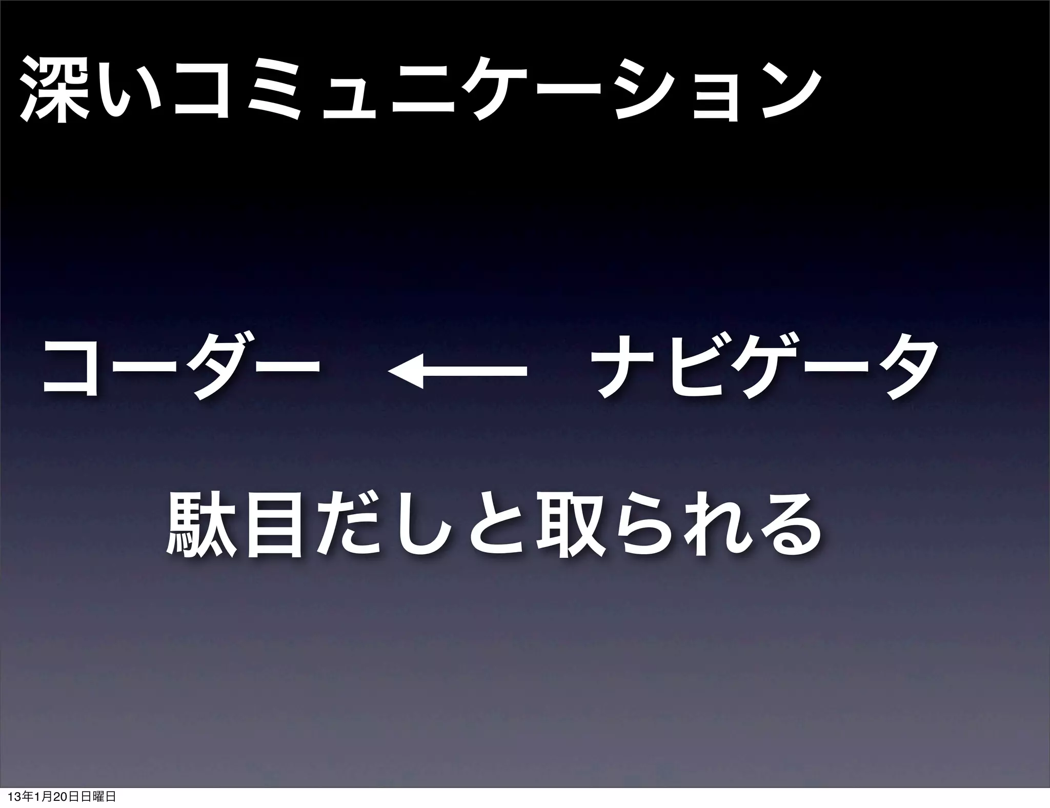 深いコミュニケーション


  コーダー             ナビゲータ

              駄目だしと取られる


13年1月20日日曜日
 