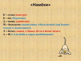 «Намёки»

К – сумка (кенгуру)
Б – нос (Буратино)
Д – мышь (джойстик)
М – бесплатно (мышеловка, «Бесплатный сыр бывает
только в мышеловке»)
Л – бочка (ложка, «Ложка дѐгтя в бочке мѐда»)
А – 40 («Али-Баба и сорок разбойников»)
 