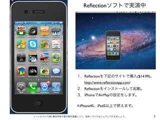 ⑤
                        Reﬂectionソフトで実演中




                    １．Reﬂectionを下記のサイトで購入($14.99)。
                      http://www.reﬂectionapp.com/
                    ２．Reﬂectionをインストールして起動。
                    ３．iPhoneでAirPlayの設定をします。 

                    ※iPhone4S、iPad2以上で使えます。

イーンスパイア(株) 横田秀珠の著作権を尊重しつつ、是非ノウハウはシェアして行きましょう。        2
 