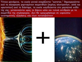 Τέημηα θαηκόμεκα, ηα μπμία γεκηθά μκμμάδμκηαη “aurorae,” δεμημονγμύκηαη
από ηε ζύγθνμοζε θμνηηζμέκςκ ζςμαηηδίςκ (θονίςξ ειεθηνμκίςκ, αιιά θαη
πνςημκίςκ) από ημ δηάζηεμα, ηα μπμία παγηδεύμκηαη ζημ μαγκεηηθό πεδίμ
ηεξ γεξ, μεηαθηκμύκηαη πνμξ ημ βόνεημ πόιμ θαη ηειηθά ακηηδνμύκ με ηα
ζςμαηίδηα ηεξ αημόζθαηναξ. Δεκ ζα πνμπςνήζμομε ζε παναπάκς
επηζηεμμκηθέξ ελεγήζεηξ πμο ιίγμη θαηαιαβαίκμοκ.
 