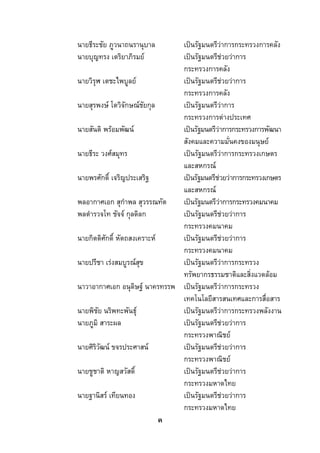  
 

    นายธีระชัย ภูวนาถนรานุบาล      เปนรัฐมนตรีวาการกระทรวงการคลัง
    นายบุญทรง เตริยาภิรมย         เปนรัฐมนตรีชวยวาการ
                                   กระทรวงการคลัง
    นายวิรุฬ เตชะไพบูลย           เปนรัฐมนตรีชวยวาการ
                                   กระทรวงการคลัง
    นายสุรพงษ โตวิจักษณชยกุล
                             ั     เปนรัฐมนตรีวาการ
                                   กระทรวงการตางประเทศ
    นายสันติ พรอมพัฒน            เปนรัฐมนตรีวาการกระทรวงการพัฒนา
                                   สังคมและความมั่นคงของมนุษย
    นายธีระ วงศสมุทร              เปนรัฐมนตรีวาการกระทรวงเกษตร
                                   และสหกรณ
    นายพรศักดิ์ เจริญประเสริฐ      เปนรัฐมนตรีชวยวาการกระทรวงเกษตร
                                   และสหกรณ
    พลอากาศเอก สุกําพล สุวรรณทัต   เปนรัฐมนตรีวาการกระทรวงคมนาคม
    พลตํารวจโท ชัจจ กุลดิลก       เปนรัฐมนตรีชวยวาการ
                                   กระทรวงคมนาคม
    นายกิตติศักดิ์ หัตถสงเคราะห   เปนรัฐมนตรีชวยวาการ
                                   กระทรวงคมนาคม
    นายปรีชา เรงสมบูรณสข ุ       เปนรัฐมนตรีวาการกระทรวง
                                   ทรัพยากรธรรมชาติและสิ่งแวดลอม
    นาวาอากาศเอก อนุดิษฐ นาครทรรพ เปนรัฐมนตรีวาการกระทรวง
                                   เทคโนโลยีสารสนเทศและการสื่อสาร
    นายพิชัย นริพทะพันธุ          เปนรัฐมนตรีวาการกระทรวงพลังงาน
    นายภูมิ สาระผล                 เปนรัฐมนตรีชวยวาการ
                                   กระทรวงพาณิชย
    นายศิริวัฒน ขจรประศาสน       เปนรัฐมนตรีชวยวาการ
                                   กระทรวงพาณิชย
    นายชูชาติ หาญสวัสดิ์           เปนรัฐมนตรีชวยวาการ
                                   กระทรวงมหาดไทย
    นายฐานิสร เทียนทอง            เปนรัฐมนตรีชวยวาการ
                                   กระทรวงมหาดไทย
                                 ค
 
 