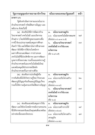 
 

    รัฐธรรมนูญแหงราชอาณาจักรไทย             นโยบายของคณะรัฐมนตรี         หนา
มาตรา ๘๖
        รัฐตองดําเนินการตามแนวนโยบาย
ดานวิทยาศาสตร ทรัพยสินทางปญญา และ
พลังงาน ดังตอไปนี้
        (๑) สงเสริมใหมีการพัฒนาดาน       ๓. นโยบายเศรษฐกิจ
วิทยาศาสตร เทคโนโลยี และนวัตกรรม           ๓.๖ นโยบายเทคโนโลยีสารสนเทศ   ๒๕
ดานตาง ๆ โดยจัดใหมีกฎหมายเฉพาะเพื่อ      (ขอยอย ๓.๖.๑-๓.๖.๕)
การนี้ จัดงบประมาณสนับสนุนการศึกษา          ๖. นโยบายวิทยาศาสตร          ๓๗
คนควา วิจัย และใหมีสถาบันการศึกษาและ     เทคโนโลยี การวิจัย และ
พัฒนา จัดใหมีการใชประโยชนจาก             นวัตกรรม
ผลการศึกษาและพัฒนา การถายทอด               (ขอ ๖.๑-๖.๕)
เทคโนโลยีที่มีประสิทธิภาพ และการพัฒนา
บุคลากรที่เหมาะสม รวมทั้งเผยแพรความรู
ดานวิทยาศาสตรและเทคโนโลยีสมัยใหม
และสนับสนุนใหประชาชนใชหลัก
ดานวิทยาศาสตรในการดํารงชีวิต
        (๒) สงเสริมการประดิษฐหรือ         ๓. นโยบายเศรษฐกิจ
การคนคิดเพื่อใหเกิดความรูใหม รักษาและ   ๓.๓ นโยบายปรับโครงสราง       ๒๑
พัฒนาภูมิปญญาทองถิ่นและภูมิปญญาไทย
                                           เศรษฐกิจ
รวมทั้งใหความคุมครองทรัพยสินทางปญญา     (ขอยอย ๓.๓.๔)
                                            ๖. นโยบายวิทยาศาสตร          ๓๗
                                            เทคโนโลยี การวิจัย และ
                                            นวัตกรรม
                                            (ขอ ๖.๓)
         (๓) สงเสริมและสนับสนุนการวิจัย ๓. นโยบายเศรษฐกิจ
พัฒนา และใชประโยชนจากพลังงานทดแทน ๓.๒ นโยบายสรางรายได                 ๑๔
ซึ่งไดจากธรรมชาติและเปนคุณตอสิ่งแวดลอม (ขอยอย ๓.๒.๓)
อยางตอเนื่องและเปนระบบ                   ๓.๓ นโยบายปรับโครงสราง       ๑๗
                                            เศรษฐกิจ
                                            (ขอยอย ๓.๓.๒)
                                          ๕๗
 
 