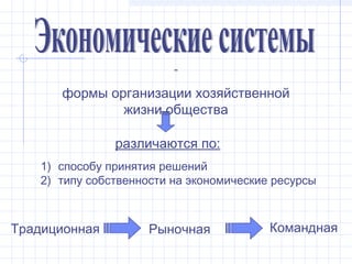 -

       формы организации хозяйственной
               жизни общества

                различаются по:
    1) cпособу принятия решений
    2) типу собственности на экономические ресурсы



Традиционная          Рыночная            Командная
 