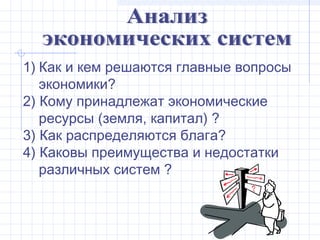 1) Как и кем решаются главные вопросы
   экономики?
2) Кому принадлежат экономические
   ресурсы (земля, капитал) ?
3) Как распределяются блага?
4) Каковы преимущества и недостатки
   различных систем ?
 