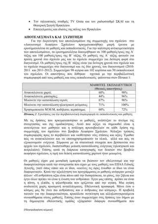 •   Τον τηλεοπτικός σταθμός TV Greta και τον ραδιοσταθμό ΣΚΑΙ και τη
       Θεατρική Σκηνή Ηρακλείου
   •   Επαγγελματίες και ιδιώτες της πόλης του Ηρακλείου

ΑΠΟΤΕΛΕΣΜΑΤΑ ΚΑΙ ΣΥΖΗΤΗΣΗ
     Για την διερεύνηση των αποτελεσμάτων της συμμετοχής του σχολείου στο
«Διαγωνισμό Αειφόρου Σχολείου» πραγματοποιήθηκε μικρή έρευνα με
ερωτηματολόγια σε μαθητές και εκπαιδευτικούς. Για την καλύτερη αντικειμενικότητα
των αποτελεσμάτων, τα ερωτηματολόγια διανεμήθηκαν σε 100 μαθητές/τριες της Α΄
τάξης και 100 μαθητές/τριες της Β΄ τάξης. Οι μαθητές της Α΄ τάξης φοιτούν για
πρώτη χρονιά στο σχολείο μας και το σχολείο συμμετέχει για δεύτερη φορά στο
διαγωνισμό. Οι μαθητές/τριες της Β΄ τάξης είναι για δεύτερη χρονιά στο σχολείο και
το σχολείο συμμετέχει στο διαγωνισμό και τις δύο χρονιές του διαγωνισμού (2010-
2011 και 2011-2012). Συμμετείχαν 98 αγόρια και 102 κορίτσια και 50 εκπαιδευτικοί
του σχολείου. Οι απαντήσεις που δόθηκαν σχετικά με την περιβαλλοντική
συμπεριφορά από τους μαθητές και τους εκπαιδευτικούς φαίνονται στον Πίνακα 1:

                                             ΜΑΘΗΤΕΣ ΕΚΠΑΙΔΕΥΤΙΚΟΙ
                                               (Θετικές απαντήσεις)
Ανακυκλώνετε χαρτί;                              60%               98%
Ανακυκλώνετε μπαταρίες;                          44%               96%
Μειώνετε την κατανάλωση νερού;                   67%               96%
Μειώνετε την κατανάλωση ηλεκτρικού ρεύματος;     71%              100%
Χρησιμοποιείτε Μ.Μ.Μ, ποδήλατο, περπάτημα;       60%               72%
Πίνακας 1: Ερωτήσεις για την περιβαλλοντική συμπεριφορά σε εκπαιδευτικούς και μαθητές

Με τις δράσεις που πραγματοποίησαν οι μαθητές, ανέπτυξαν το πνεύμα της
συνεργασίας και της ομαδικότητας. Αυτό που αξίζει να σημειωθεί είναι η
αυτενέργεια των μαθητών και η ανάληψη πρωτοβουλιών σε κάθε δράση της
συμμετοχής του σχολείου στο βραβείο Αειφόρου Σχολείου. Άλλαξαν τρόπους
συμπεριφοράς προς το περιβάλλον και υιοθέτησαν νέες στάσεις και αξίες. Έμαθαν
πώς να ανακυκλώνουν και να επαναχρησιμοποιούν τα υλικά, αλλά και πώς να
εξοικονομούν ενέργεια. Σύμφωνα με τα στατιστικά στοιχεία που βρίσκονται στο
αρχείο του σχολείου, διαπιστώθηκε μείωση κατανάλωσης ενέργειας (ηλεκτρικού και
πετρελαίου). Επίσης κατά τη διάρκεια καταγραφής των δεικτών στο βραβείο
αειφόρου σχολείου, η τιμή του δείκτη κατανάλωσης χαρτιού ήταν μειωμένη.

Οι μαθητές είχαν μια μοναδική εμπειρία να βιώσουν τον εθελοντισμό και την
διαφορετικότητα κατά την συνεργασία που είχαν με τους μαθητές του ΕΠΑΛ Ειδικής
Αγωγής, γιατί όπως είπαν και οι ίδιοι, «εκείνες τις ώρες ένιωθαν οι ίδιοι να είναι
διαφορετικοί». Κατά την αξιολόγηση του προγράμματος οι μαθητές ανέφεραν μεταξύ
άλλων: «Η ανθρώπινη αξία είναι πάνω από την δυσαρέσκεια, το μίσος, την ζήλεια και
έργο όλων πρέπει να είναι η ένωση των ανθρώπων. Έργο μας επίσης πρέπει να είναι
η πίστη, η ελπίδα, η φιλανθρωπία που ορίζονται από την αγάπη. Μια αγάπη
ανιδιοτελή χωρίς προσμονή ανταλλάγματος. Εθελοντική προσφορά. Μόνο έτσι ο
κόσμος μας θα γίνει πιο ανθρώπινος και ο άνθρωπος πιο κόσμιος». Η προβολή
ταινιών για την διαφορετικότητα, προκάλεσε συγκίνηση και αλληλοσυγκρουόμενα
συναισθήματα στους μαθητές. Επίσης όταν συμμετείχαν στις δράσεις του δήμου με
τη δημιουργία εθελοντικής ομάδας εξέφρασαν διάφορα συναισθήματα που

[Πληκτρολογήστε κείμενο]
 