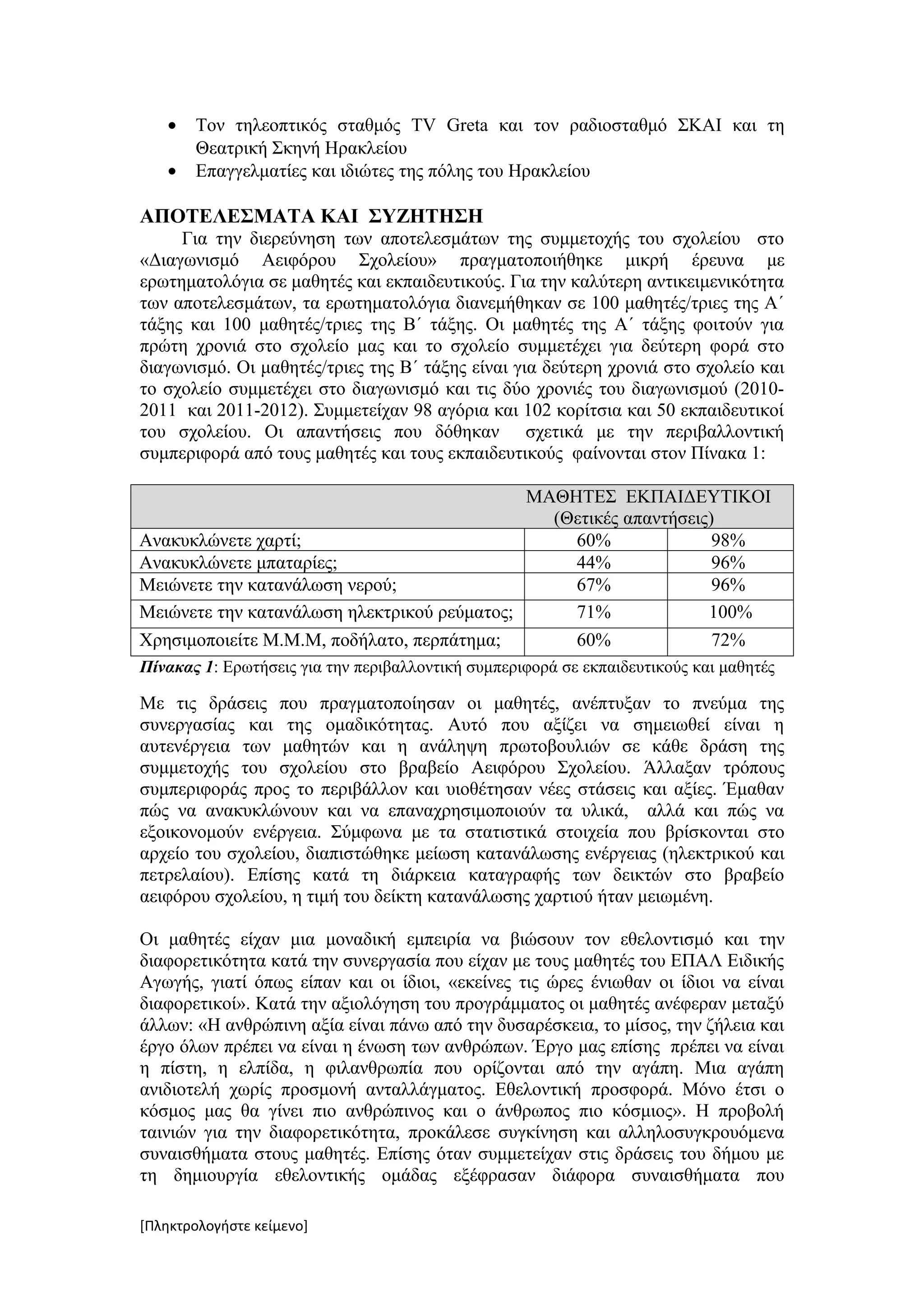 •   Τον τηλεοπτικός σταθμός TV Greta και τον ραδιοσταθμό ΣΚΑΙ και τη
       Θεατρική Σκηνή Ηρακλείου
   •   Επαγγελματίες και ιδιώτες της πόλης του Ηρακλείου

ΑΠΟΤΕΛΕΣΜΑΤΑ ΚΑΙ ΣΥΖΗΤΗΣΗ
     Για την διερεύνηση των αποτελεσμάτων της συμμετοχής του σχολείου στο
«Διαγωνισμό Αειφόρου Σχολείου» πραγματοποιήθηκε μικρή έρευνα με
ερωτηματολόγια σε μαθητές και εκπαιδευτικούς. Για την καλύτερη αντικειμενικότητα
των αποτελεσμάτων, τα ερωτηματολόγια διανεμήθηκαν σε 100 μαθητές/τριες της Α΄
τάξης και 100 μαθητές/τριες της Β΄ τάξης. Οι μαθητές της Α΄ τάξης φοιτούν για
πρώτη χρονιά στο σχολείο μας και το σχολείο συμμετέχει για δεύτερη φορά στο
διαγωνισμό. Οι μαθητές/τριες της Β΄ τάξης είναι για δεύτερη χρονιά στο σχολείο και
το σχολείο συμμετέχει στο διαγωνισμό και τις δύο χρονιές του διαγωνισμού (2010-
2011 και 2011-2012). Συμμετείχαν 98 αγόρια και 102 κορίτσια και 50 εκπαιδευτικοί
του σχολείου. Οι απαντήσεις που δόθηκαν σχετικά με την περιβαλλοντική
συμπεριφορά από τους μαθητές και τους εκπαιδευτικούς φαίνονται στον Πίνακα 1:

                                             ΜΑΘΗΤΕΣ ΕΚΠΑΙΔΕΥΤΙΚΟΙ
                                               (Θετικές απαντήσεις)
Ανακυκλώνετε χαρτί;                              60%               98%
Ανακυκλώνετε μπαταρίες;                          44%               96%
Μειώνετε την κατανάλωση νερού;                   67%               96%
Μειώνετε την κατανάλωση ηλεκτρικού ρεύματος;     71%              100%
Χρησιμοποιείτε Μ.Μ.Μ, ποδήλατο, περπάτημα;       60%               72%
Πίνακας 1: Ερωτήσεις για την περιβαλλοντική συμπεριφορά σε εκπαιδευτικούς και μαθητές

Με τις δράσεις που πραγματοποίησαν οι μαθητές, ανέπτυξαν το πνεύμα της
συνεργασίας και της ομαδικότητας. Αυτό που αξίζει να σημειωθεί είναι η
αυτενέργεια των μαθητών και η ανάληψη πρωτοβουλιών σε κάθε δράση της
συμμετοχής του σχολείου στο βραβείο Αειφόρου Σχολείου. Άλλαξαν τρόπους
συμπεριφοράς προς το περιβάλλον και υιοθέτησαν νέες στάσεις και αξίες. Έμαθαν
πώς να ανακυκλώνουν και να επαναχρησιμοποιούν τα υλικά, αλλά και πώς να
εξοικονομούν ενέργεια. Σύμφωνα με τα στατιστικά στοιχεία που βρίσκονται στο
αρχείο του σχολείου, διαπιστώθηκε μείωση κατανάλωσης ενέργειας (ηλεκτρικού και
πετρελαίου). Επίσης κατά τη διάρκεια καταγραφής των δεικτών στο βραβείο
αειφόρου σχολείου, η τιμή του δείκτη κατανάλωσης χαρτιού ήταν μειωμένη.

Οι μαθητές είχαν μια μοναδική εμπειρία να βιώσουν τον εθελοντισμό και την
διαφορετικότητα κατά την συνεργασία που είχαν με τους μαθητές του ΕΠΑΛ Ειδικής
Αγωγής, γιατί όπως είπαν και οι ίδιοι, «εκείνες τις ώρες ένιωθαν οι ίδιοι να είναι
διαφορετικοί». Κατά την αξιολόγηση του προγράμματος οι μαθητές ανέφεραν μεταξύ
άλλων: «Η ανθρώπινη αξία είναι πάνω από την δυσαρέσκεια, το μίσος, την ζήλεια και
έργο όλων πρέπει να είναι η ένωση των ανθρώπων. Έργο μας επίσης πρέπει να είναι
η πίστη, η ελπίδα, η φιλανθρωπία που ορίζονται από την αγάπη. Μια αγάπη
ανιδιοτελή χωρίς προσμονή ανταλλάγματος. Εθελοντική προσφορά. Μόνο έτσι ο
κόσμος μας θα γίνει πιο ανθρώπινος και ο άνθρωπος πιο κόσμιος». Η προβολή
ταινιών για την διαφορετικότητα, προκάλεσε συγκίνηση και αλληλοσυγκρουόμενα
συναισθήματα στους μαθητές. Επίσης όταν συμμετείχαν στις δράσεις του δήμου με
τη δημιουργία εθελοντικής ομάδας εξέφρασαν διάφορα συναισθήματα που

[Πληκτρολογήστε κείμενο]
 
