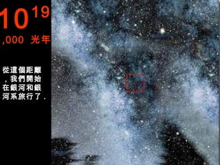 10   19
1,000 光年


從這個距離
，我們開始
在銀河和銀
河系旅行了 .
 