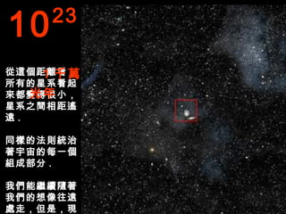 10   23

    1 千萬
從這個距離看，
所有的星系看起
   光年
來都變得很小，
星系之間相距遙
遠.

同樣的法則統治
著宇宙的每一個
組成部分 .

我們能繼續隨著
我們的想像往遠
處走，但是，現
 
