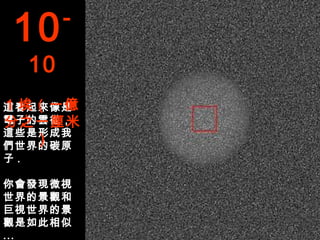 10     -

  10
1 埃（一億
這看起來像是
分之一厘米
電子的雲從，
這些是形成我
   ）
們世界的碳原
子.

你會發現微視
世界的景觀和
巨視世界的景
觀是如此相似
...
 
