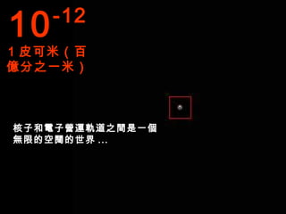 10   -12
1 皮可米（百
億分之一米）



核子和電子營運軌道之間是一個
無限的空闊的世界 ...
 