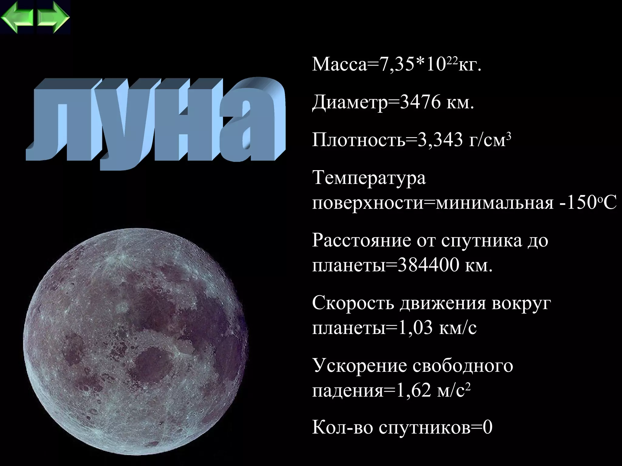 Macca=7,35*1022кг.
Диаметр=3476 км.
Плотность=3,343 г/см3
Температура
поверхности=минимальная -150oC
Расстояние от спутника до
планеты=384400 км.
Скорость движения вокруг
планеты=1,03 км/с
Ускорение свободного
падения=1,62 м/c2
Кол-во спутников=0          10
 