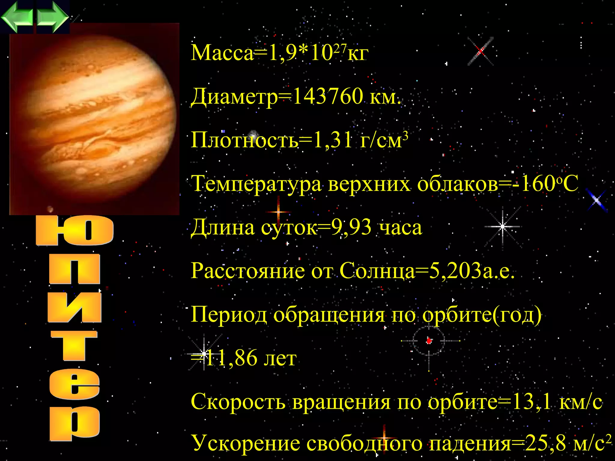Maccа=1,9*1027кг
Диаметр=143760 км.
Плотность=1,31 г/см3
Температура верхних облаков=-160oC
Длина суток=9,93 часа
Расстояние от Cолнца=5,203а.е.
Период обращения по орбите(год)
=11,86 лет
Скорость вращения по орбите=13,1 км/c
                                  20
Ускорение свободного падения=25,8 м/c2
 