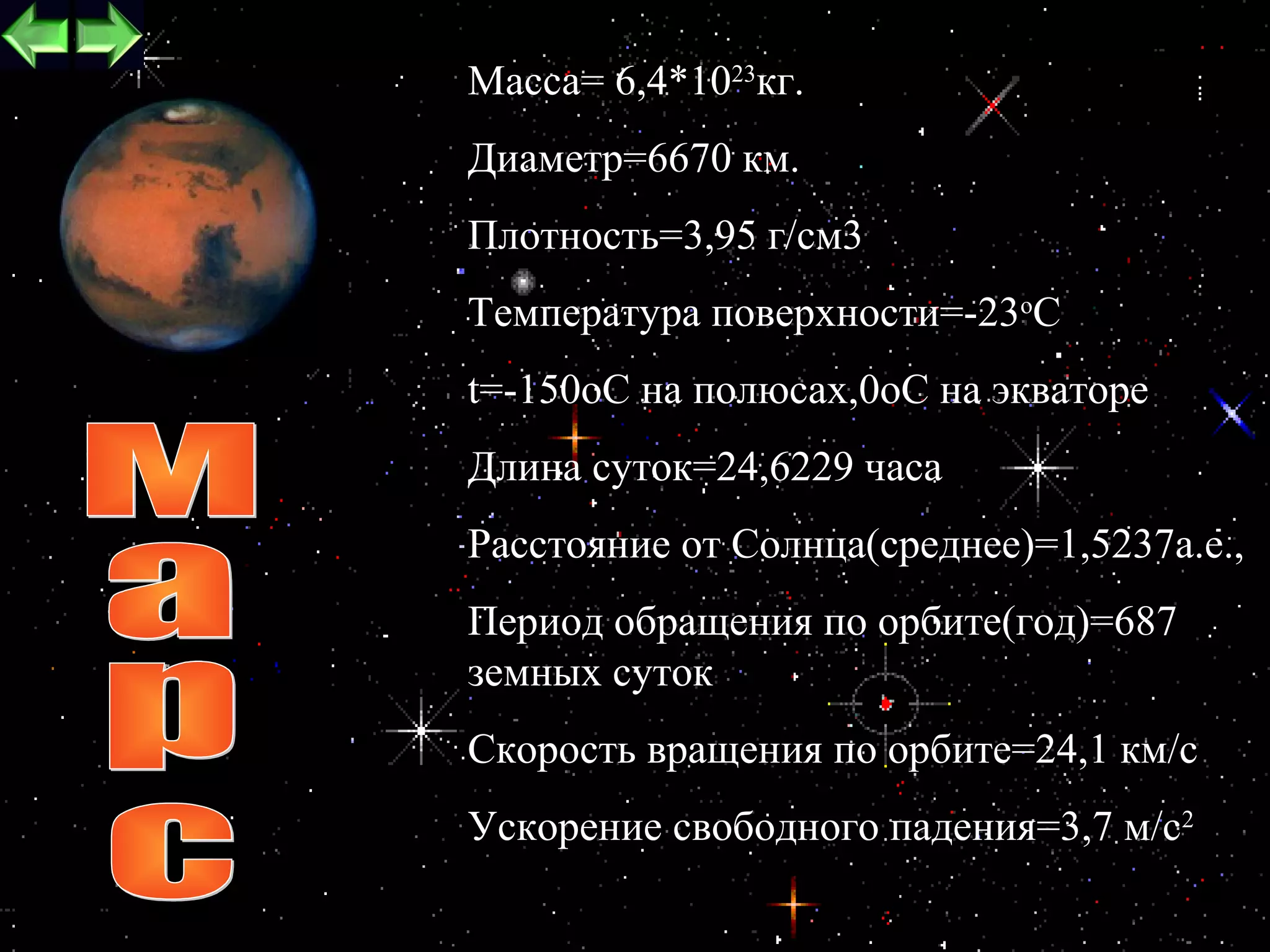 Maccа= 6,4*1023кг.
Диаметр=6670 км.
Плотность=3,95 г/см3
Температура поверхности=-23oС
t=-150oC на полюсах,0oC на экваторе
Длина суток=24,6229 часа
Расстояние от Cолнца(среднее)=1,5237а.е.,
Период обращения по орбите(год)=687
земных суток
Скорость вращения по орбите=24,1 км/c
Ускорение свободного падения=3,7 м/c2
                                   22
 