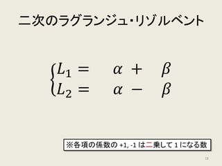 二次のラグランジュ・リゾルベント
�
𝐿𝐿1 = 𝛼𝛼 + 𝛽𝛽
𝐿𝐿2 = 𝛼𝛼 − 𝛽𝛽
※各項の係数の +1, -1 は二乗して 1 になる数
18
 
