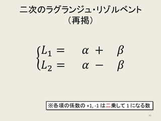 𝛼𝛼 𝛽𝛽 𝛾𝛾
𝛼𝛼 𝛽𝛽 𝛾𝛾
によって不変な数
𝛽𝛽
𝛼𝛼
3次のすべての置換によって不変な数
𝛼𝛼 + 𝛽𝛽 + 𝛾𝛾 = −
𝑏𝑏
𝑎𝑎
𝛼𝛼𝛼𝛼𝛼𝛼 = −
𝑑𝑑
𝑎𝑎
𝛼𝛼𝛼𝛼 + 𝛽𝛽𝛽𝛽 + 𝛾𝛾𝛾𝛾 =
𝑐𝑐
𝑎𝑎
𝛾𝛾
ラグランジュ・リゾルベント ラグランジュ・リゾルベントのべき乗
べき根
三次方程式の解法戦略（ただし、うまくいかない）36
 