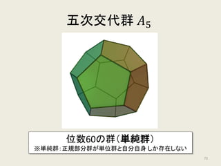 五次方程式の置換群の構造
𝛼𝛼𝛽𝛽𝛽𝛽𝛽𝛽𝛽𝛽
𝛼𝛼𝛼𝛼𝛼𝛼𝛼𝛼𝛼𝛼
五次の交代群
𝐴𝐴5
五次の置換群
𝑆𝑆5
剰余群が巡回群にならない
ラグランジュ・リゾルベントが存在しない
剰余群が巡回群
ラグランジュ・リゾルベントが存在する
73
 