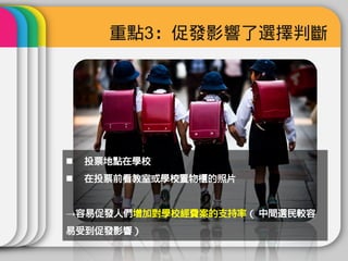 重點3：促發影響了選擇判斷




   投票地點在學校
   在投票前看教室或學校置物櫃的照片


→容易促發人們增加對學校經費案的支持率（ 中間選民較容
易受到促發影響）
 