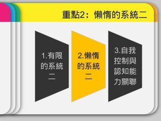 重點2：懶惰的系統二


              3.自我
1.有限   2.懶惰
              控制與
的系統    的系統
              認知能
  二      二
              力關聯
 