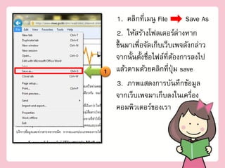 1. คลิกที่เมนู File        Save As
  2. ให้สร้างโฟลเดอร์ต่างหาก
  ขึ้ นมาเพื่อจัดเก็บเว็บเพจดังกล่าว
  จากนั้นตั้งชื่อไฟล์ที่ตองการลงไป
                         ้
1 แล้วตามด้วยคลิกที่ปุ่ม save
  3. ภาพแสดงการบันทึกข้อมูล
  จากเว็บเพจมาเก็บลงในเครื่อง
  คอมพิว๶ตอร์ของเรา
 