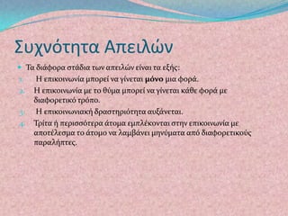 Συχνότητα Απειλών
 Σα διϊφορα ςτϊδια των απειλών εύναι τα εξόσ:
1.   Η επικοινωνύα μπορεύ να γύνεται μόνο μια φορϊ.
2.   Η επικοινωνύα με το θύμα μπορεύ να γύνεται κϊθε φορϊ με
     διαφορετικό τρόπο.
3.   Η επικοινωνιακό δραςτηριότητα αυξϊνεται.
4.   Σρύτα ό περιςςότερα ϊτομα εμπλϋκονται ςτην επικοινωνύα με
     αποτϋλεςμα το ϊτομο να λαμβϊνει μηνύματα από διαφορετικούσ
     παραλόπτεσ.
 