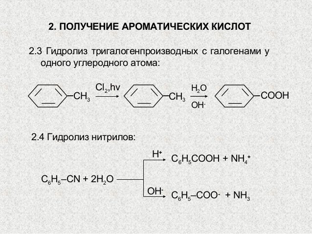 Свойства ароматических кислот. Гидролиз тригалогенпроизводных. Гидролиз тригалогенпроизводных до карбоновых кислот. Получение ароматики. К группе ароматических кислот относится.