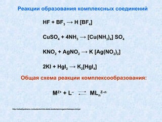 Реакции образования комплексных соединений

                                  HF + BF3 → H [BF4]

                                  CuSO4 + 4NH3 → [Cu(NH3)4] SO4

                                  KNO2 + AgNO2 → K [Ag(NO2)2]

                                  2KI + HgI2 → K2[HgI4]

         Общая схема реакции комплексообразования:

                                             МZ+ + L–                           MLnZ–n

http://arkadiyzaharov.ru/studentu/chto-delat-studentam/organicheskaya-ximiya/
 
