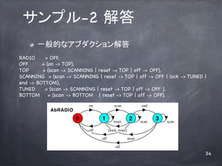 ץ-2 	
    ! ?   һĤʥ֥	
RADIO     = OFF,
OFF      = (on -> TOP),
TOP      = (scan -> SCANNING | reset -> TOP | off -> OFF),
SCANNING = (scan -> SCANNING | reset -> TOP | off -> OFF | lock -> TUNED |
end -> BOTTOM),
TUNED     = (scan -> SCANNING | reset -> TOP | off -> OFF ),
BOTTOM      = (scan -> BOTTOM | reset -> TOP | off -> OFF).
                           on              scan            end
            AbRADIO
                      0          1        reset
                                                       2   scan
                                                                  3   scan

                           off         {lock, reset}

                                 off               reset

                                            off
                                                                             34
 