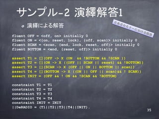 ץ-2 [1	
    ! ?   [ˤ	
fluent    OFF = <off, on> initially 0
fluent    ON = <{on, reset, lock}, {off, scan}> initially 0
fluent    SCAN = <scan, {end, lock, reset, off}> initially 0
fluent    BOTTOM = <end, {reset, off}> initially 0

assert    T1 =   [](OFF -> X (ON && !BOTTOM && !SCAN ))
assert    T2 =   [](ON -> X ((OFF || SCAN || reset) && !BOTTOM))
assert    T3 =   [](SCAN -> X (OFF || ON || BOTTOM || scan))
assert    T4 =   [](BOTTOM -> X ((ON || OFF || scan)&& ! SCAN))
assert    INIT   = (OFF && ! ON && !SCAN && !BOTTOM)

constraint T1 = T1
constraint T2 = T2
constraint T3 = T3
constraint T4 = T4
constraint INIT = INIT
||DeRADIO = (T1||T2||T3||T4||INIT).
                                                                   35
 