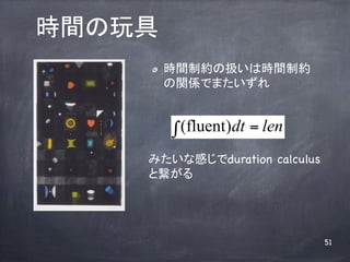 ʱ	
      ! ?   rgƼsΒQϕrgƼs
            vSǤޤ

      	
             (fluent)dt = len
     ߤʸФduration calculus
     ȿ	




                                 51
 