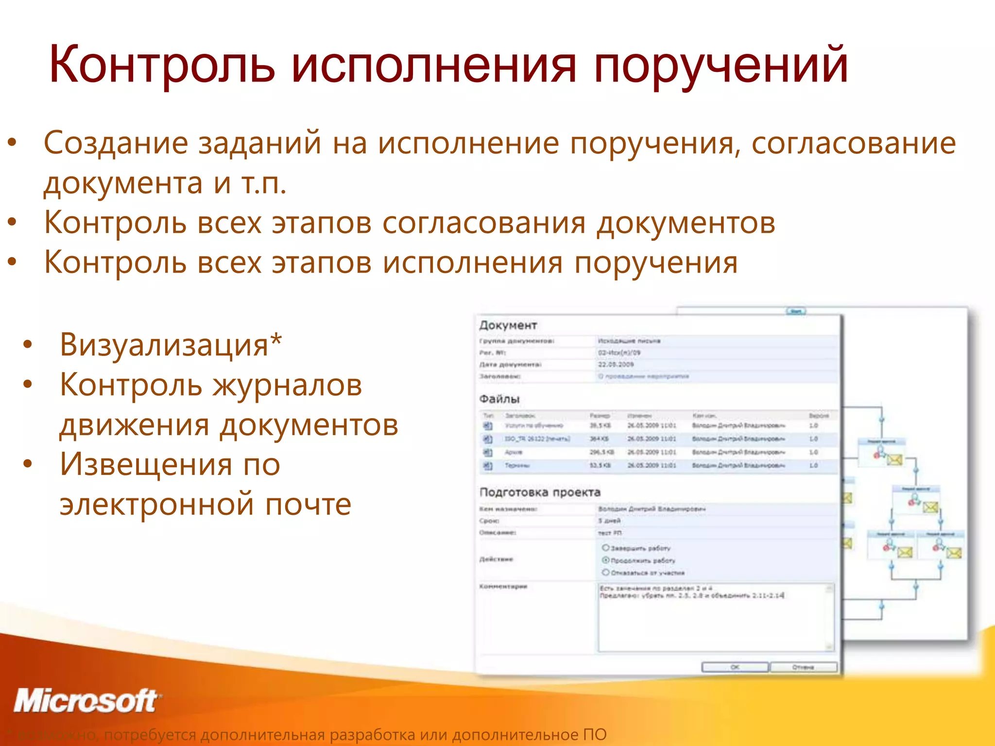 Контроль исполнения поручений
• Создание заданий на исполнение поручения, согласование
  документа и т.п.
• Контроль всех этапов согласования документов
• Контроль всех этапов исполнения поручения

 • Визуализация*
 • Контроль журналов
   движения документов
 • Извещения по
   электронной почте




* возможно, потребуется дополнительная разработка или дополнительное ПО
 