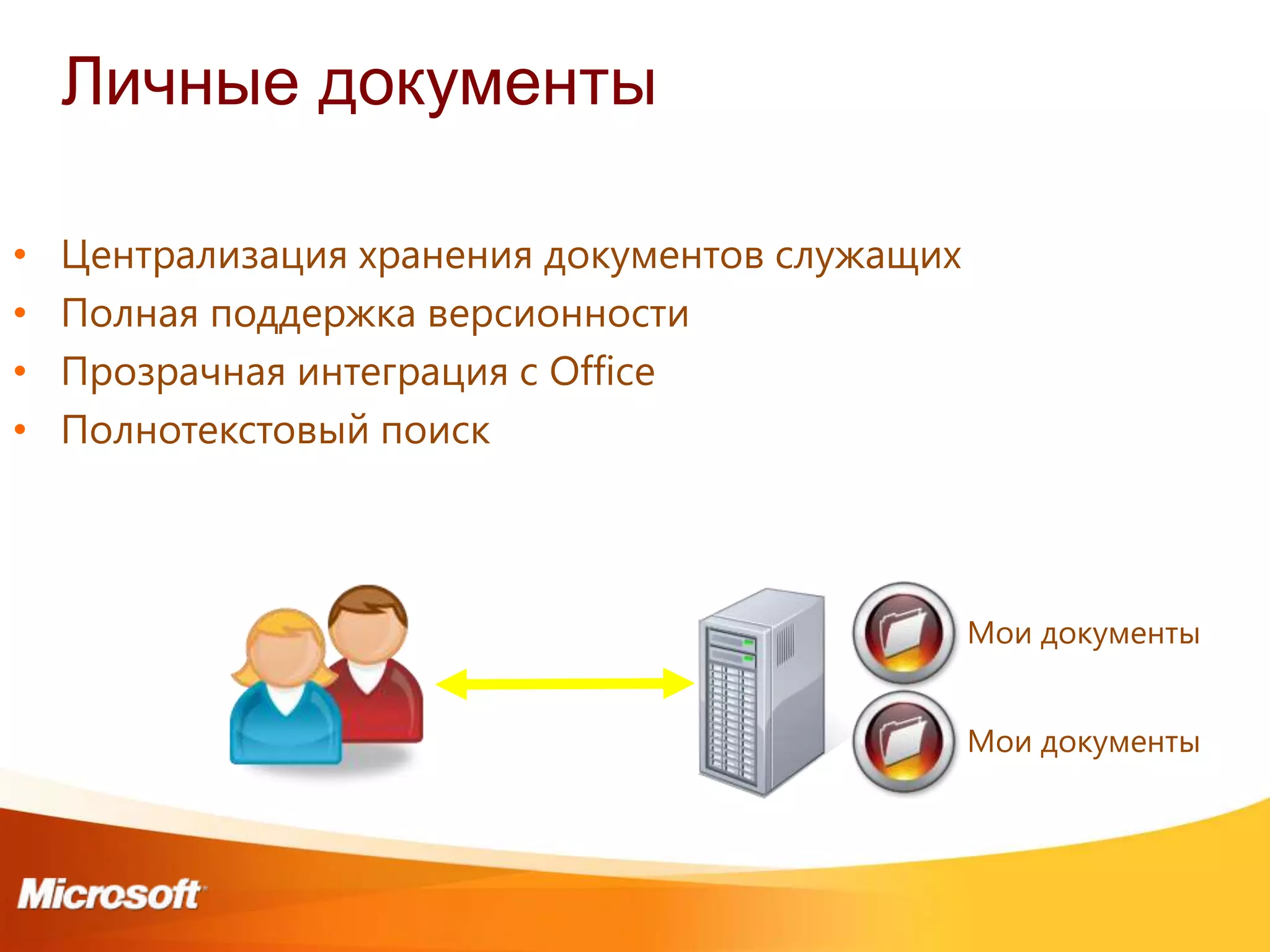 Личные документы

•   Централизация хранения документов служащих
•   Полная поддержка версионности
•   Прозрачная интеграция с Office
•   Полнотекстовый поиск



                                                 Мои документы


                                                 Мои документы
 