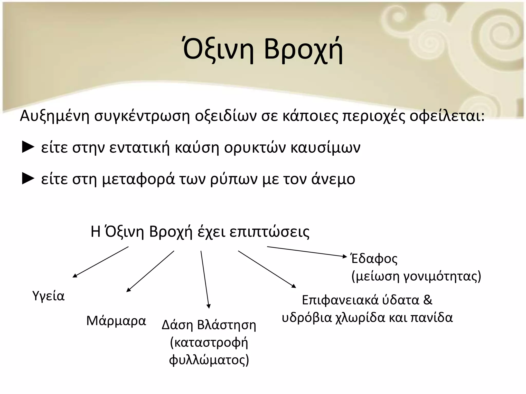 Πξινθ Βροχι
Αυξθμζνθ ςυγκζντρωςθ οξειδίων ςε κάποιεσ περιοχζσ οφείλεται:
► είτε ςτθν εντατικι καφςθ ορυκτϊν καυςίμων
► είτε ςτθ μεταφορά των ρφπων με τον άνεμο


         Η Πξινθ Βροχι ζχει επιπτϊςεισ
                                             Ζδαφοσ
                                             (μείωςθ γονιμότθτασ)
 Υγεία                                Επιφανειακά φδατα &
         Μάρμαρα   Δάςθ Βλάςτθςθ   υδρόβια χλωρίδα και πανίδα
                    (καταςτροφι
                    φυλλϊματοσ)
 