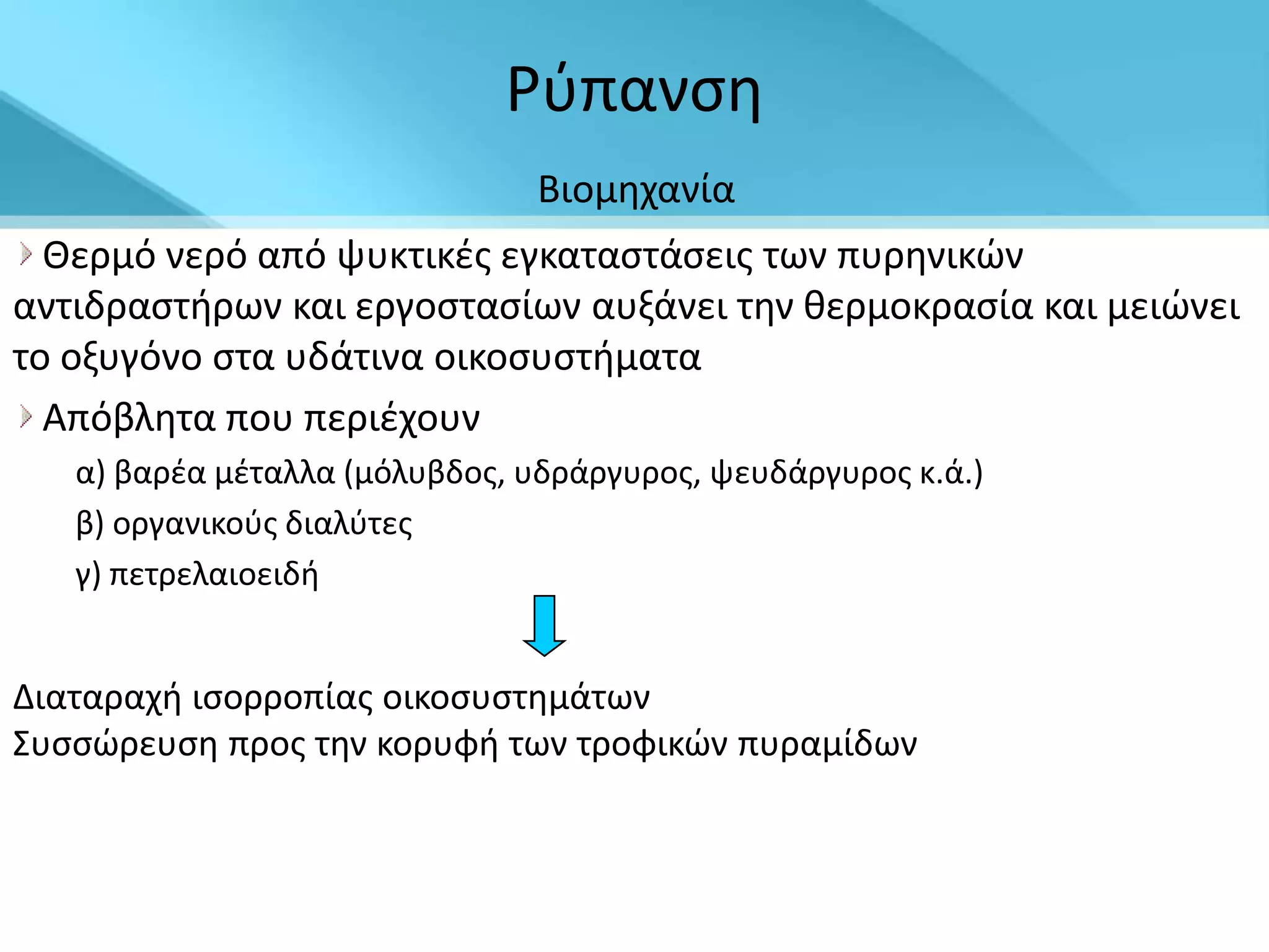 ΢φπανςθ
                               Βιομθχανία
  Θερμό νερό από ψυκτικζσ εγκαταςτάςεισ των πυρθνικϊν
αντιδραςτιρων και εργοςταςίων αυξάνει τθν κερμοκραςία και μειϊνει
το οξυγόνο ςτα υδάτινα οικοςυςτιματα
  Απόβλθτα που περιζχουν
   α) βαρζα μζταλλα (μόλυβδοσ, υδράργυροσ, ψευδάργυροσ κ.ά.)
   β) οργανικοφσ διαλφτεσ
   γ) πετρελαιοειδι


Διαταραχι ιςορροπίασ οικοςυςτθμάτων
Συςςϊρευςθ προσ τθν κορυφι των τροφικϊν πυραμίδων
 