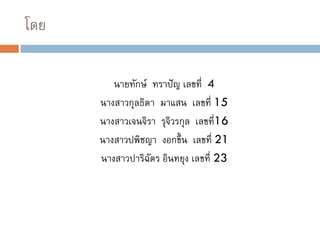 โดย

         นายทักษ์ ทราปั ญ เลขที่ 4
      นางสาวกุลธิดา มาแสน เลขที่ 15
      นางสาวเจนจิรา รุจิวรกุล เลขที่16
      นางสาวปพิชญา งอกขึ้ น เลขที่ 21
      นางสาวปาริฉตร อินทยุง เลขที่ 23
                  ั
 