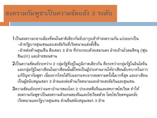 สงครามกัมพูชาเป็ นความขัดแย้ง 3 ระดับ

  1เป็ นสงครามกลางเมืองที่คนในชาติเดียวกันจับอาวุธเข้าทาสงครามกัน แบ่งออกเป็ น
     -ฝ่ ายรัฐบาลฮุ นเซนและเฮงสัมรินที่เวียดนามแต่งตั้งขึ้ น
     -ฝ่ ายต่อต้านฮุ นเซ็น คือเขมร 3 ฝ่ าย ที่ประกอบด้วยเขมรแดง ฝ่ ายเจ้านโรดมสีหนุ (ฟุน
     ซินเปก) และฝ่ ายซอนซาน
  2เป็ นความขัดแย้งระหว่าง 2 กลุ่มรัฐที่อยูในภูมิภาคเดียวกัน คือระหว่างกลุ่มรัฐในอินโดจีน
                                           ่
     และกลุ่มรัฐในอาเซียนในอาเซียนนั้นมีไทยเป็ นผูประสานงานให้อาเซียนมีบทบาทในการ
                                                    ้
     แก้ปัญหากัมพูชา เนื่ องจากไทยได้รบผลกระทบจากสงครามครั้งนี้ มากที่สุด และอาเซียน
                                         ั
     เป็ นผูสนับสนุ นเขมร 3 ฝ่ ายและต่อต้านเวียดนามและฝ่ ายเฮงสัมรินและฮุ นเซน
            ้
  3ความขัดแย้งระหว่างมหาอานาจของโลก 2 ประเทศคือจีนและสหภาพโซเวียต ทาให้
     สงครามกัมพูชาเป็ นสงครามตัวแทนของจีนและโซเวียตด้วย โดยโซเวียตหนุ นหลัง
     เวียดนามและรัฐบาลฮุ นเซน ส่วนจีนสนับสนุ นเขมร 3 ฝ่ าย
 
