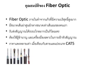 คุณสมบัติของ Fiber Optic

•   Fiber Optic ภำยในทำจำกแก้วที่มีควำมบริสุทธิ์สูงมำก
•   มีขนำดเส้นผ่ำศูนย์กลำงขนำดเท่ำเส้นผมของคนเรำ
•   รับส่งสัญญำณได้ระยะไกลมำกเป็นกิโลเมตร
•   ต้องใช้ผู้ชำนำญ และเครื่องมือเฉพำะในกำรเข้ำหัวสัญญำณ
•   รำคำแพงหลำยเท่ำ เมื่อเทียบกับสำยแลนประเภท CAT5
 