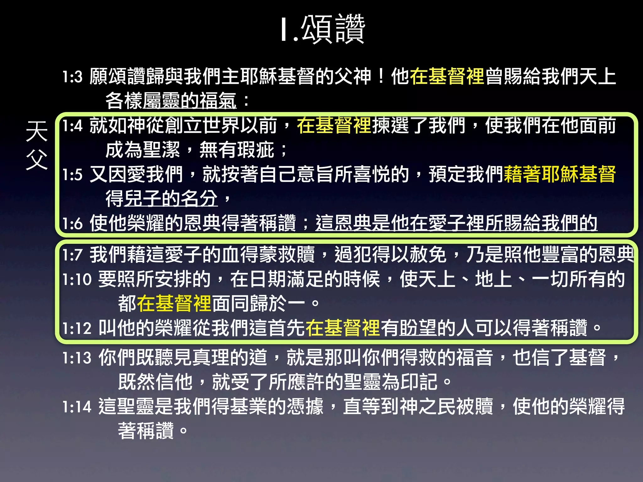 1.頌讚
    1:3	 願頌讚歸與我們主耶穌基督的父神！他在基督裡曾賜給我們天上
    	 	 	 	 	 	 	 各樣屬靈的福氣：	 
天   1:4	 就如神從創立世界以前，在基督裡揀選了我們，使我們在他面前
    	 	 	 	 	 	 	 成為聖潔，無有瑕疵；	 
父   1:5	 又因愛我們，就按著自己意旨所喜悅的，預定我們藉著耶穌基督
    	 	 	 	 	 	 	 得兒子的名分，	 
    1:6	 使他榮耀的恩典得著稱讚；這恩典是他在愛子裡所賜給我們的
    1:7	 我們藉這愛子的血得蒙救贖，過犯得以赦免，乃是照他豐富的恩典
    1:10	 要照所安排的，在日期滿足的時候，使天上、地上、一切所有的
    	 	 	 	 	 	 	 	 	 都在基督裡面同歸於一。	 
    1:12	 叫他的榮耀從我們這首先在基督裡有盼望的人可以得著稱讚。	 
    1:13	 你們既聽見真理的道，就是那叫你們得救的福音，也信了基督，
    	 	 	 	 	 	 	 	 	 既然信他，就受了所應許的聖靈為印記。
    1:14	 這聖靈是我們得基業的憑據，直等到神之民被贖，使他的榮耀得
    	 	 	 	 	 	 	 	 	 著稱讚。	 
 