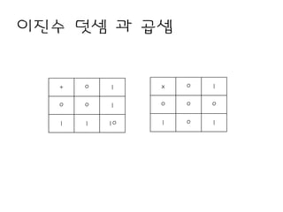 이진수 덧셈 과 곱셉


   +   0   1    x   0   1

  0    0   1    0   0   0

  1    1   10   1   0   1
 