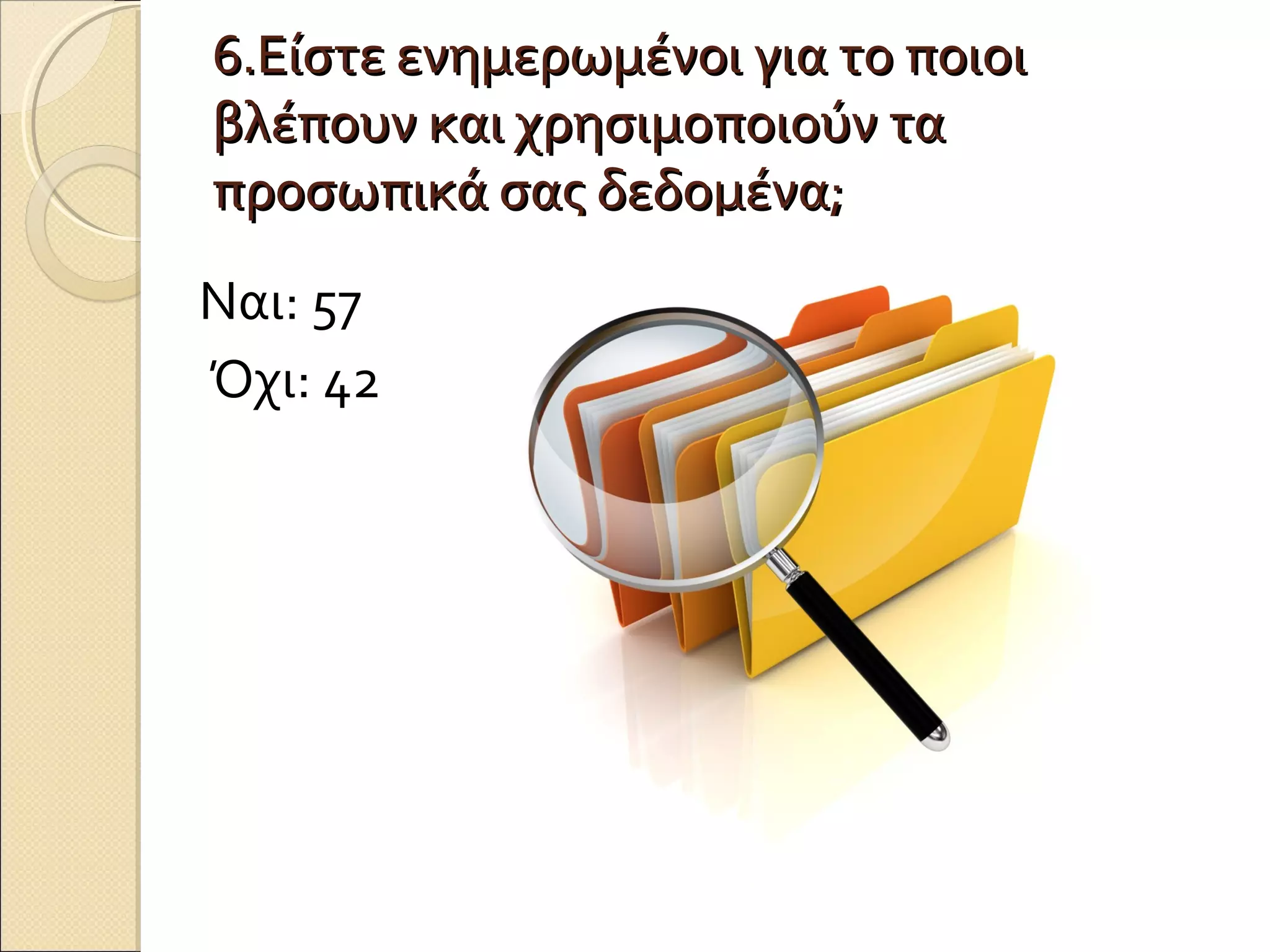 6.Είστε ενημερωμένοι για το ποιοι
βλέπουν και χρησιμοποιούν τα
προσωπικά σας δεδομένα;
Ναι: 57
Όχι: 42
 