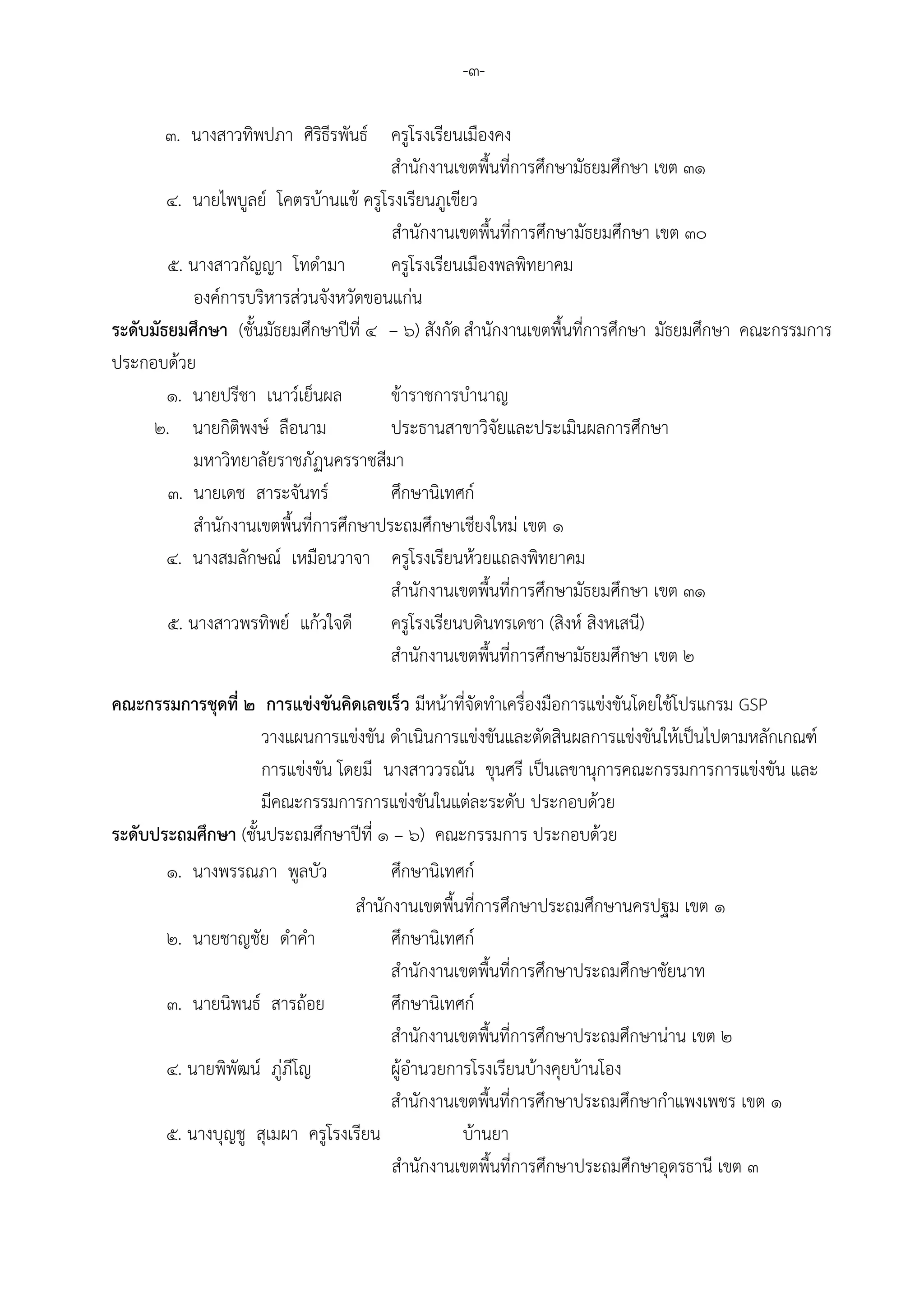 -๓-

        ๓. นางสาวทิพปภา ศิริธีรพันธ์ ครูโรงเรียนเมืองคง
                                        สานักงานเขตพื้นที่การศึกษามัธยมศึกษา เขต ๓๑
        ๔. นายไพบูลย์ โคตรบ้านแข้ ครูโรงเรียนภูเขียว
                                        สานักงานเขตพื้นที่การศึกษามัธยมศึกษา เขต ๓๐
        ๕. นางสาวกัญญา โทดามา           ครูโรงเรียนเมืองพลพิทยาคม
            องค์การบริหารส่วนจังหวัดขอนแก่น
ระดับมัธยมศึกษา (ชั้นมัธยมศึกษาปีที่ ๔ – ๖) สังกัด สานักงานเขตพื้นที่การศึกษา มัธยมศึกษา คณะกรรมการ
ประกอบด้วย
        ๑. นายปรีชา เนาว์เย็นผล         ข้าราชการบานาญ
     ๒. นายกิติพงษ์ ลือนาม              ประธานสาขาวิจัยและประเมินผลการศึกษา
            มหาวิทยาลัยราชภัฏนครราชสีมา
        ๓. นายเดช สาระจันทร์            ศึกษานิเทศก์
            สานักงานเขตพื้นที่การศึกษาประถมศึกษาเชียงใหม่ เขต ๑
        ๔. นางสมลักษณ์ เหมือนวาจา ครูโรงเรียนห้วยแถลงพิทยาคม
                                        สานักงานเขตพื้นที่การศึกษามัธยมศึกษา เขต ๓๑
        ๕. นางสาวพรทิพย์ แก้วใจดี       ครูโรงเรียนบดินทรเดชา (สิงห์ สิงหเสนี)
                                        สานักงานเขตพื้นที่การศึกษามัธยมศึกษา เขต ๒
คณะกรรมการชุดที่ ๒ การแข่งขันคิดเลขเร็ว มีหน้าที่จัดทาเครื่องมือการแข่งขันโดยใช้โปรแกรม GSP
                     วางแผนการแข่งขัน ดาเนินการแข่งขันและตัดสินผลการแข่งขันให้เป็นไปตามหลักเกณฑ์
                     การแข่งขัน โดยมี นางสาววรณัน ขุนศรี เป็นเลขานุการคณะกรรมการการแข่งขัน และ
                     มีคณะกรรมการการแข่งขันในแต่ละระดับ ประกอบด้วย
ระดับประถมศึกษา (ชั้นประถมศึกษาปีที่ ๑ – ๖) คณะกรรมการ ประกอบด้วย
       ๑. นางพรรณภา พูลบัว             ศึกษานิเทศก์
                                  สานักงานเขตพืนทีการศึกษาประถมศึกษานครปฐม เขต ๑
                                                ้ ่
       ๒. นายชาญชัย ดาคา               ศึกษานิเทศก์
                                       สานักงานเขตพื้นที่การศึกษาประถมศึกษาชัยนาท
       ๓. นายนิพนธ์ สารถ้อย            ศึกษานิเทศก์
                                       สานักงานเขตพื้นที่การศึกษาประถมศึกษาน่าน เขต ๒
       ๔. นายพิพัฒน์ ภู่ภีโญ           ผู้อานวยการโรงเรียนบ้างคุยบ้านโอง
                                       สานักงานเขตพื้นที่การศึกษาประถมศึกษากาแพงเพชร เขต ๑
       ๕. นางบุญชู สุเมผา ครูโรงเรียน            บ้านยา
                                       สานักงานเขตพื้นที่การศึกษาประถมศึกษาอุดรธานี เขต ๓
 