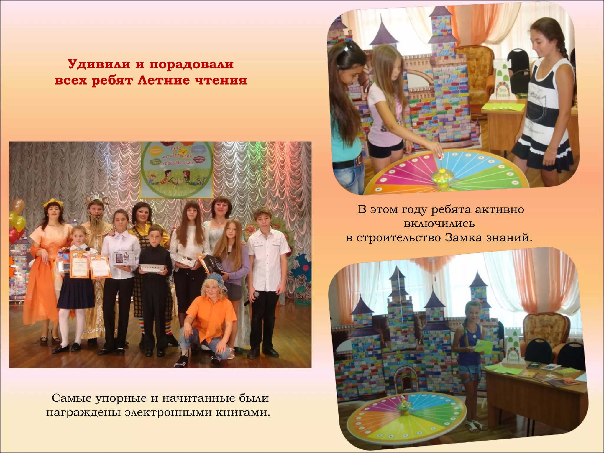 Удивили и порадовали
 всех ребят Летние чтения




                                     В этом году ребята активно
                                            включились
                                   в строительство Замка знаний.




 Самые упорные и начитанные были
награждены электронными книгами.
 
