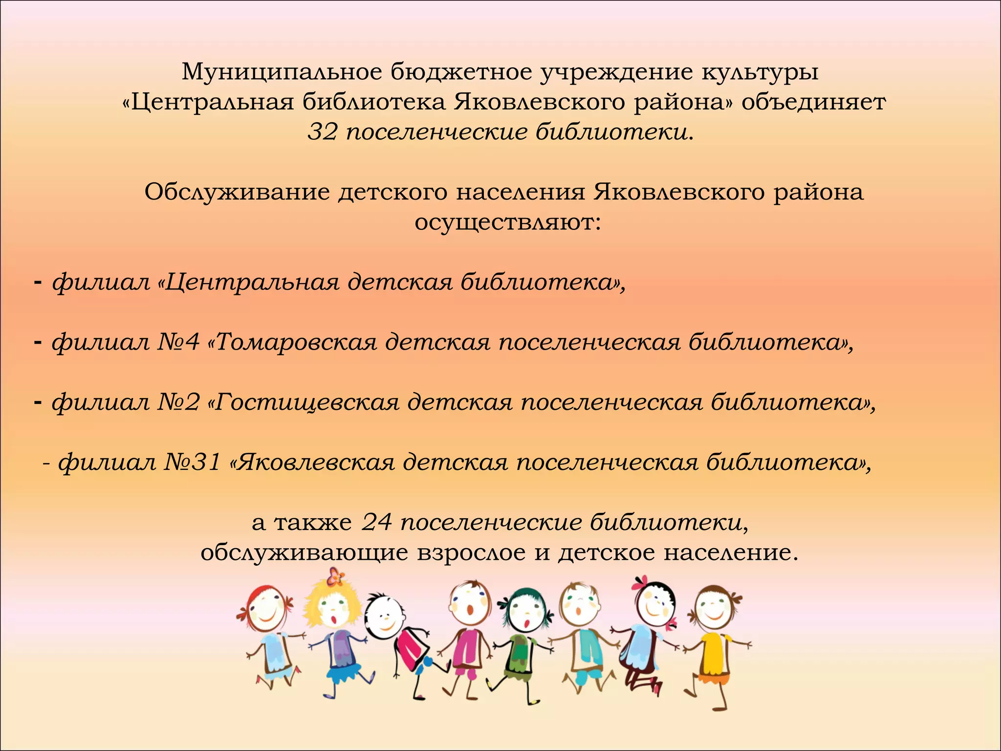 Муниципальное бюджетное учреждение культуры
      «Центральная библиотека Яковлевского района» объединяет
                   32 поселенческие библиотеки.

       Обслуживание детского населения Яковлевского района
                         осуществляют:

- филиал «Центральная детская библиотека»,

- филиал №4 «Томаровская детская поселенческая библиотека»,

- филиал №2 «Гостищевская детская поселенческая библиотека»,

- филиал №31 «Яковлевская детская поселенческая библиотека»,

                а также 24 поселенческие библиотеки,
            обслуживающие взрослое и детское население.
 