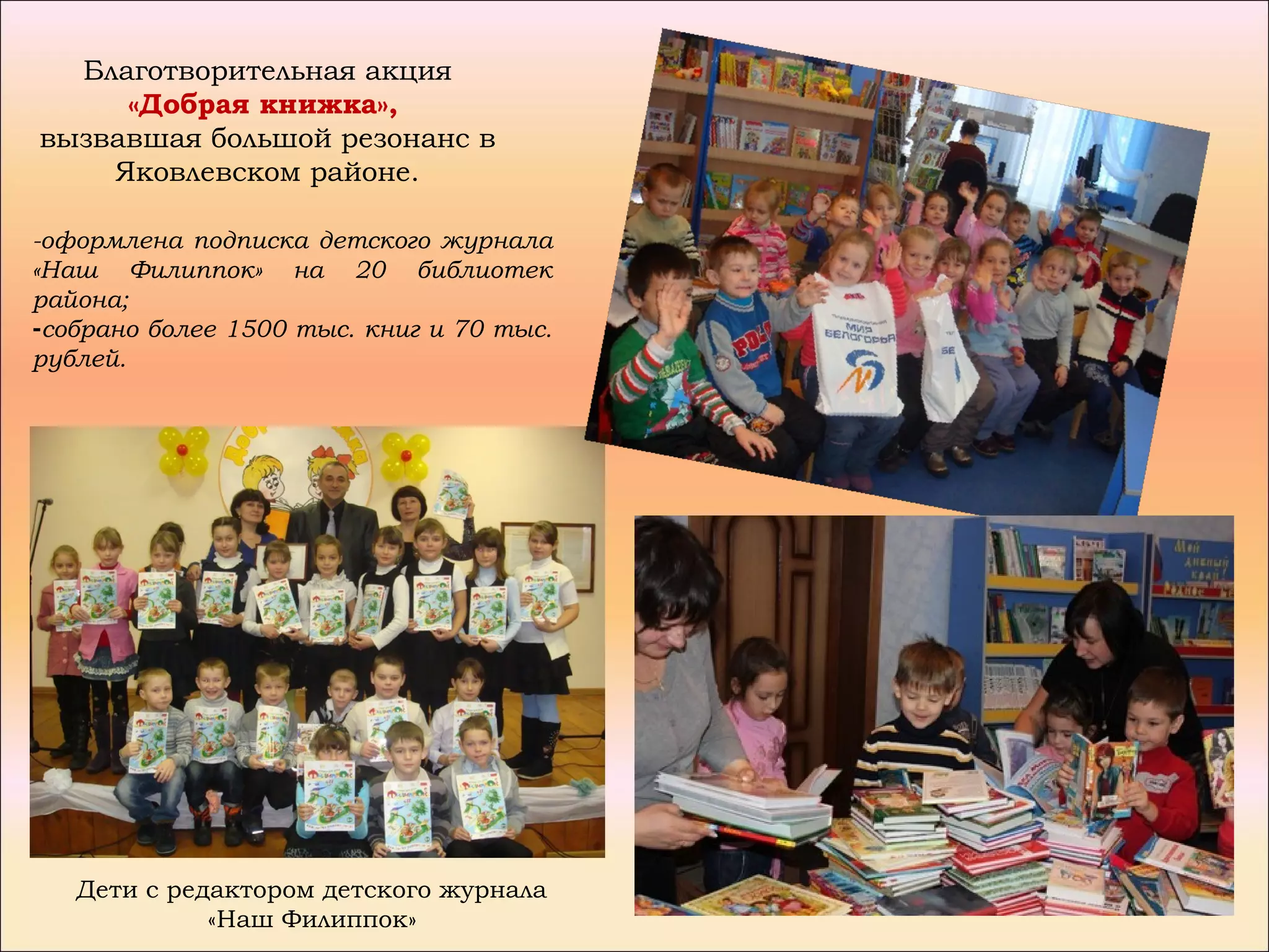 Благотворительная акция
     «Добрая книжка»,
вызвавшая большой резонанс в
    Яковлевском районе.

-оформлена подписка детского журнала
«Наш Филиппок» на 20 библиотек
района;
-собрано более 1500 тыс. книг и 70 тыс.
рублей.




   Дети с редактором детского журнала
             «Наш Филиппок»
 