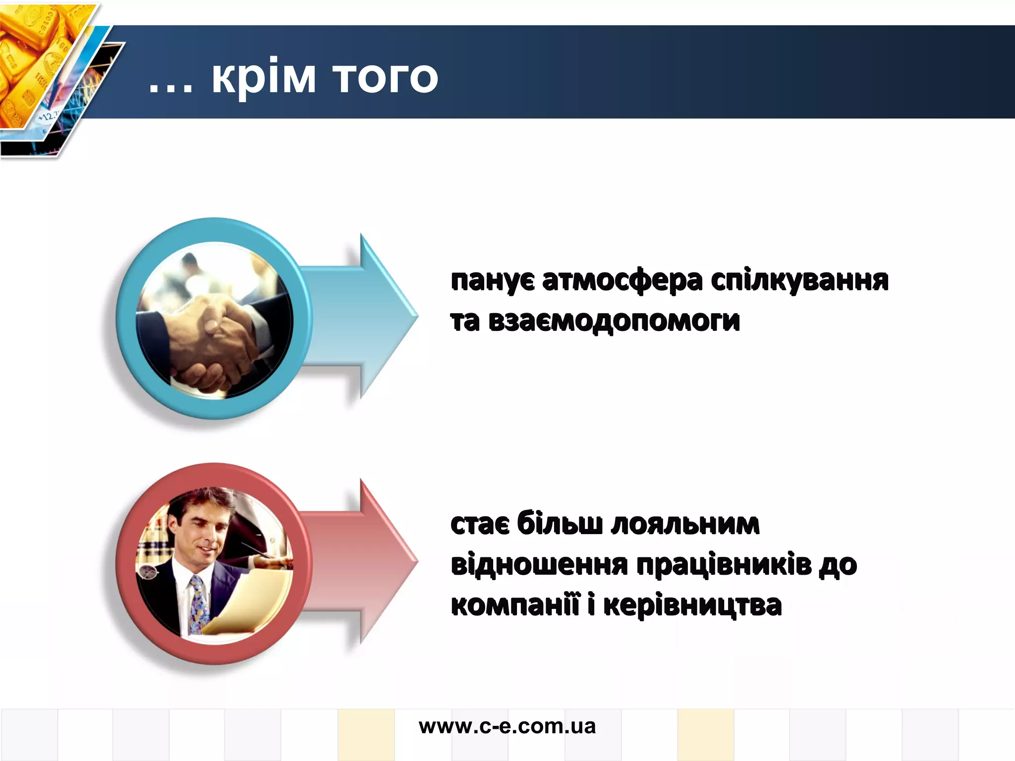 … крім того


              панує атмосфера спілкування
              та взаємодопомоги




              стає більш лояльним
              відношення працівників до
              компанії і керівництва


          www.c-e.com.ua
 