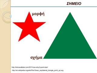 ΣΗΜΕΙΟ

                             μορφή




                           ςχήμα

http://kitmacallister.com/2011/css-only-5-point-star/
http://en.wikipedia.org/wiki/File:Green_equilateral_triangle_point_up.svg
 